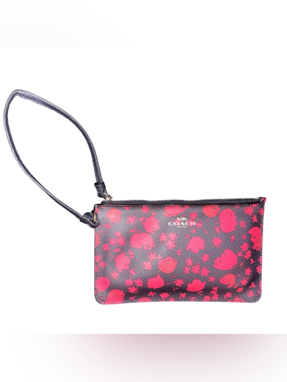 Coach Black Leather Wristlet with Bright Pink Floral Print